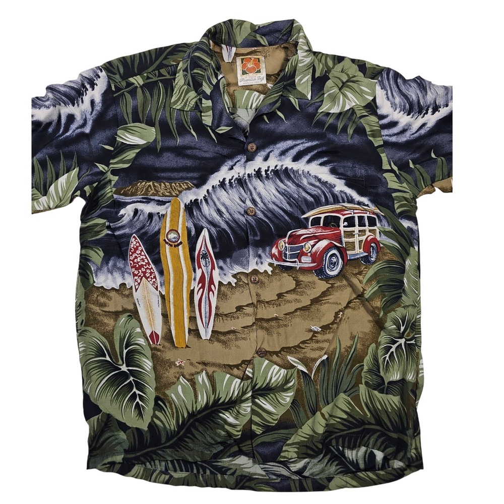 Vintage Hawaiian Togs North Shore Surfboard Woody Car Tropical Shirt Mens XL